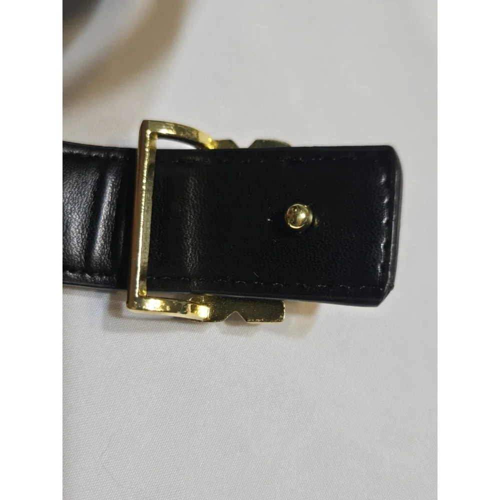 Tory Burch Kira Glazed Logo Belt In Black Womens Medium Adjustable Gold Buckle